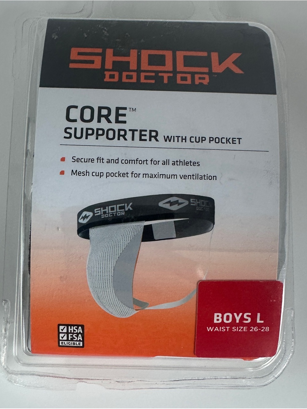 Sealed Shock Doctor Core Supporter with Cup Pocket, Boys Large Waist 26-28